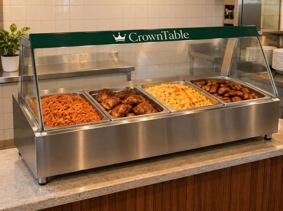 Concept illustration of a stainless-steel four-well steam table with an angled sneeze guard, holding jollof rice, baked chicken, macaroni and cheese, and sweet plantains.